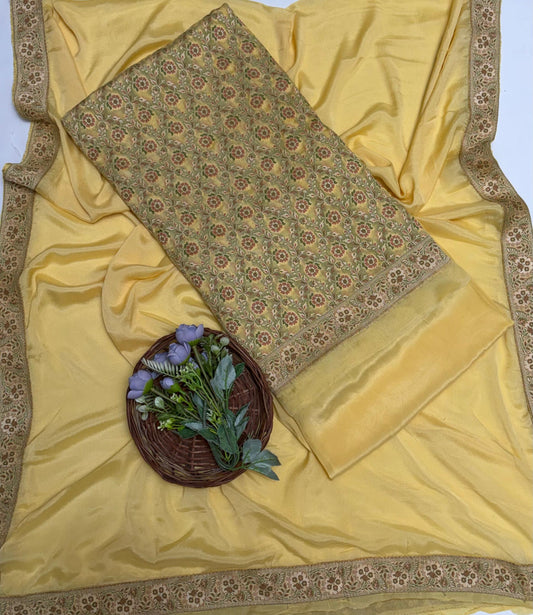 Pure Khaddi Georgette Yellow Suit Fabric / Banarasi Baithak