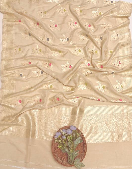 Pure Munga Silk Light Golden Dupatta Fabric / Banarasi Baithak