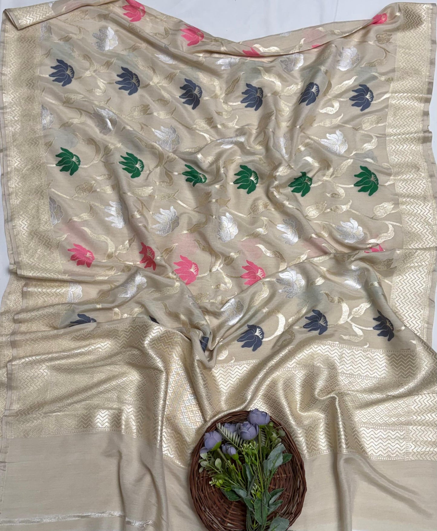 Pure Munga Silk Light Golden Dupatta Fabric / Banarasi Baithak
