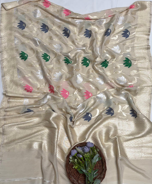 Pure Munga Silk Light Golden Dupatta Fabric / Banarasi Baithak