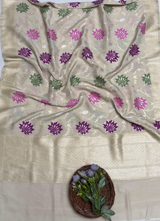 Pure Munga Silk Light Golden Beige Dupatta Fabric / Banarasi Baithak