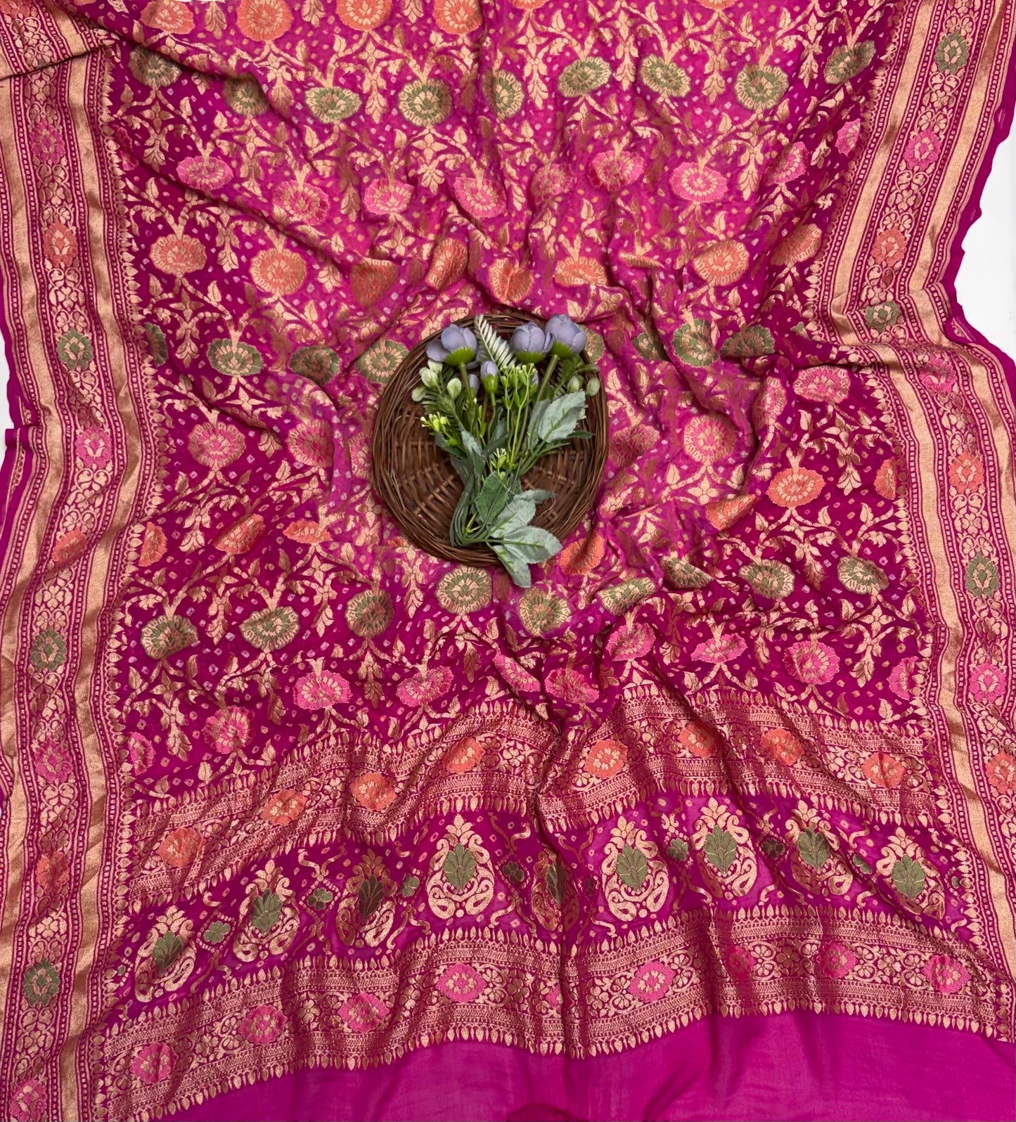 Meenakari Bandhani Pink With Majenta Dupatta Fabric / Banarasi Baithak