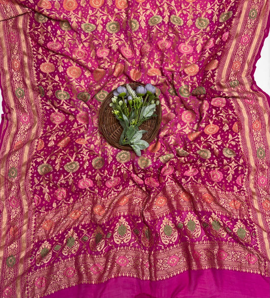 Meenakari Bandhani Pink With Majenta Dupatta Fabric / Banarasi Baithak
