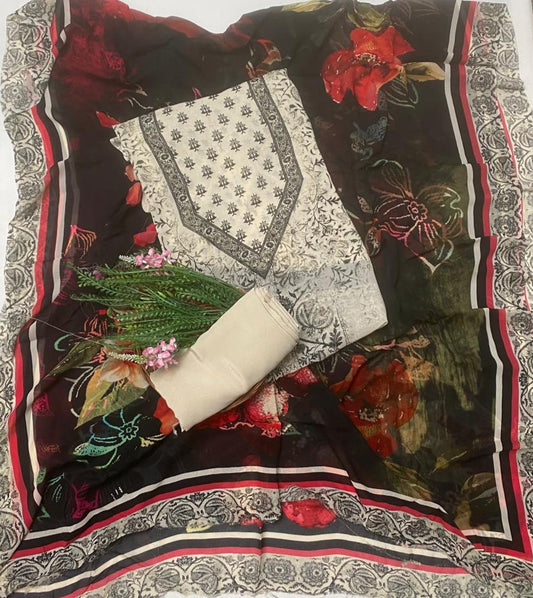 Georgette Black And Cream Suit Fabric / Phoolon Ka Ghar