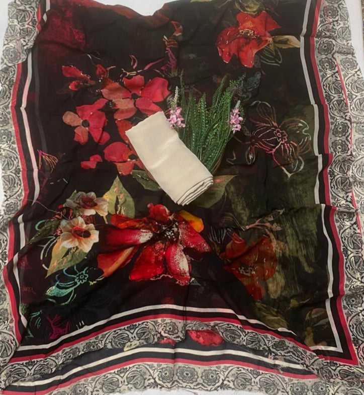 Georgette Black And Cream Suit Fabric / Phoolon Ka Ghar