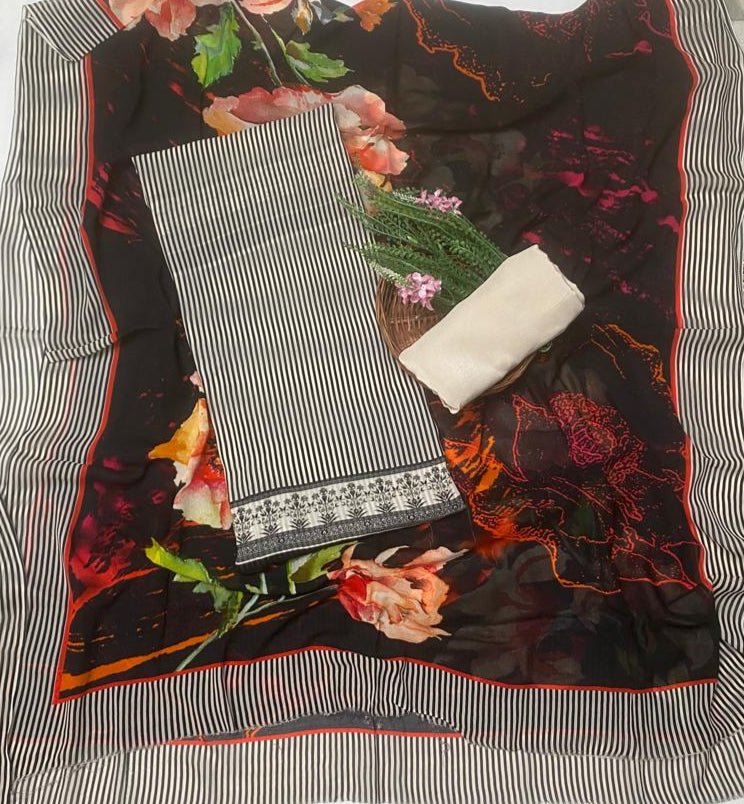 Georgette Black And Cream Suit Fabric / Phoolon Ka Ghar