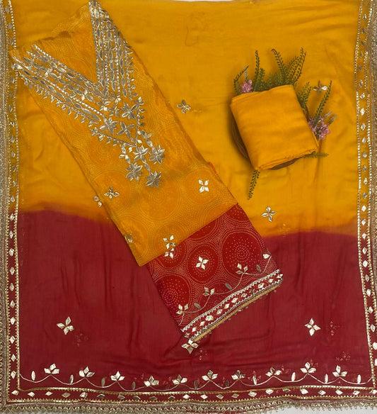 Organza Yellow With Red Suit Fabric / Festive Vibe