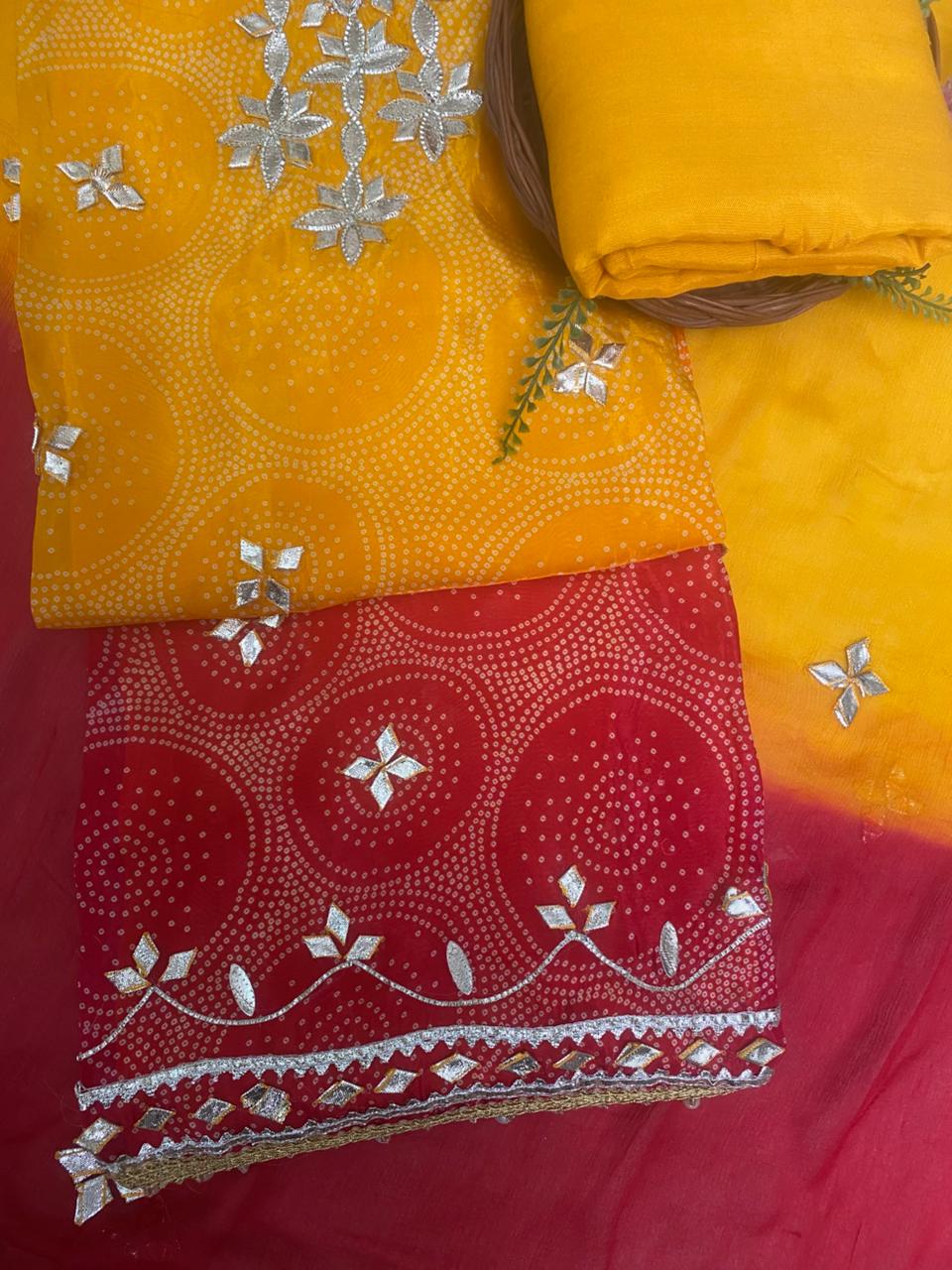 Organza Yellow With Red Suit Fabric / Festive Vibe
