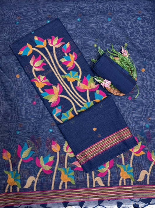 Jamdani Navy Blue Suit Fabric / Jamdani Suits