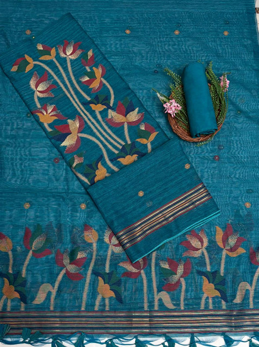 Jamdani Peacock Blue Suit Fabric / Jamdani Suits