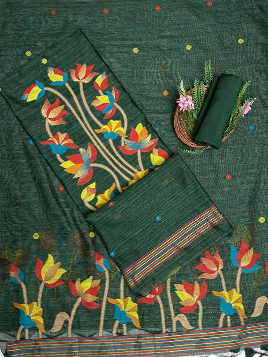 Jamdani Dark Green Suit Fabric / Jamdani Suits