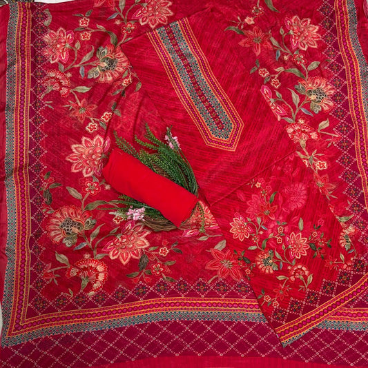 Crepe Red Suit Fabric / Phoolon Ka Ghar