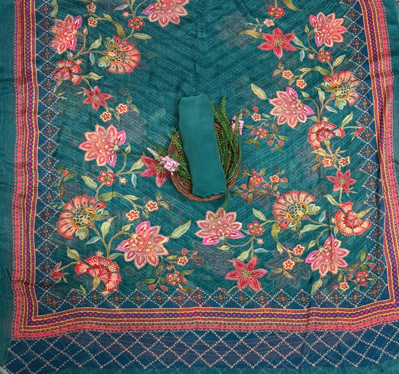 Crepe Peacock Green Suit Fabric / Phoolon Ka Ghar