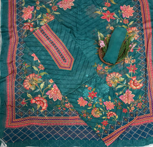 Crepe Peacock Green Suit Fabric / Phoolon Ka Ghar