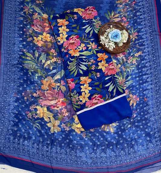 Crepe Navy Blue Suit Fabric / Phoolon Ka Ghar