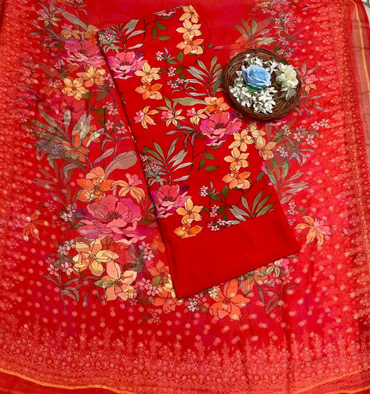 Crepe Red Suit Fabric / Phoolon Ka Ghar