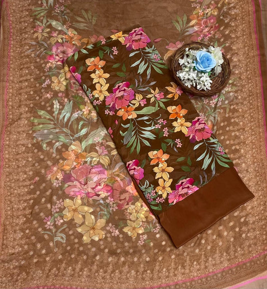 Crepe Brown Suit Fabric / Phoolon Ka Ghar