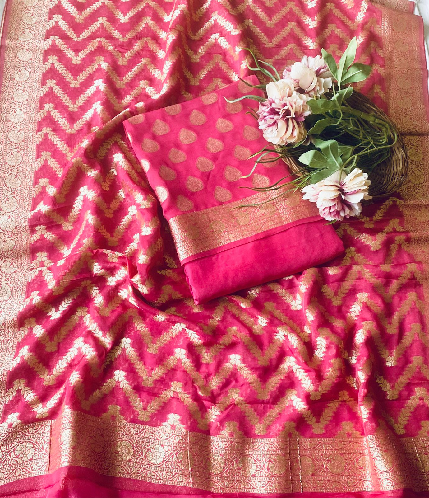 Georgette Banarasi Carrot Pink Suit Fabric / Banarasi Baithak