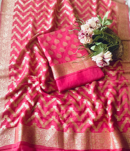 Georgette Banarasi Carrot Pink Suit Fabric / Banarasi Baithak