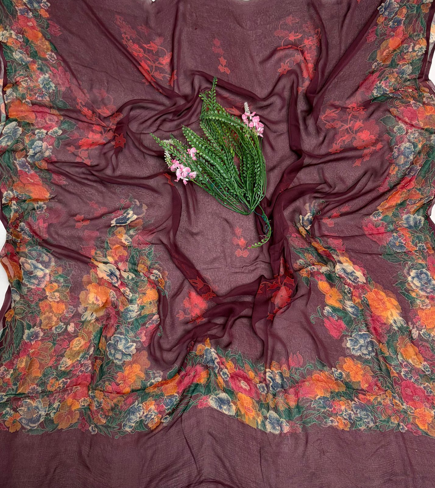 Crepe Dark Wine Witth Orange Suit Fabric / Phoolon Ka Ghar