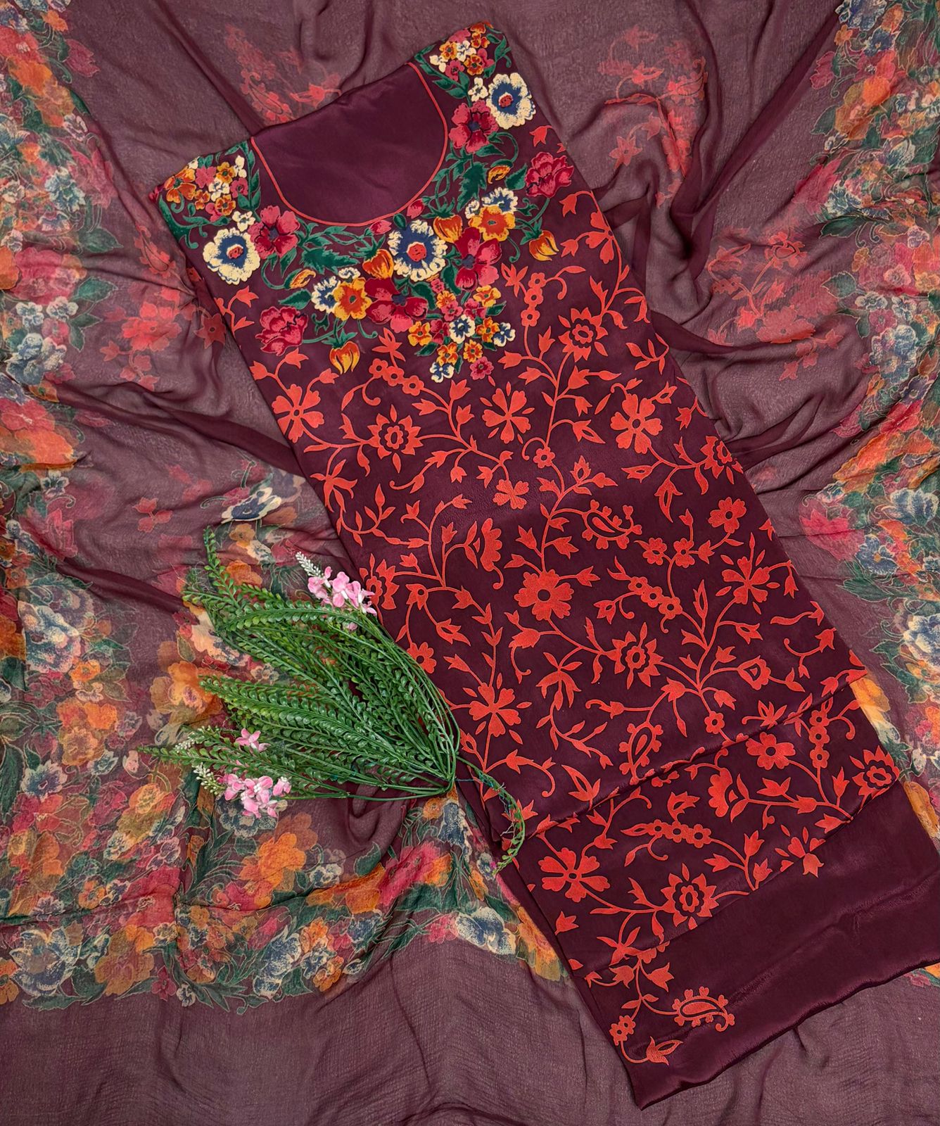 Crepe Dark Wine Witth Orange Suit Fabric / Phoolon Ka Ghar