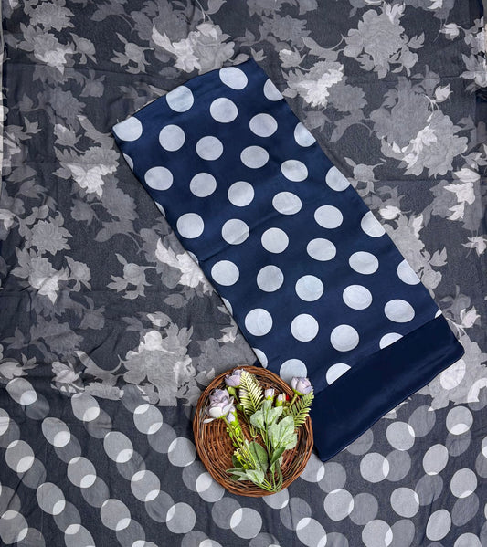 Satin Polka Navy Blue Suit Fabric/ Polka Story