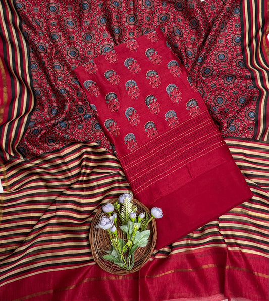 Pure Maheshwari Red Suit Fabric / Maheshwari Suits