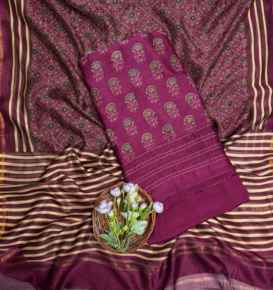 Pure Maheshwari Wine Suit Fabric / Maheshwari Suits