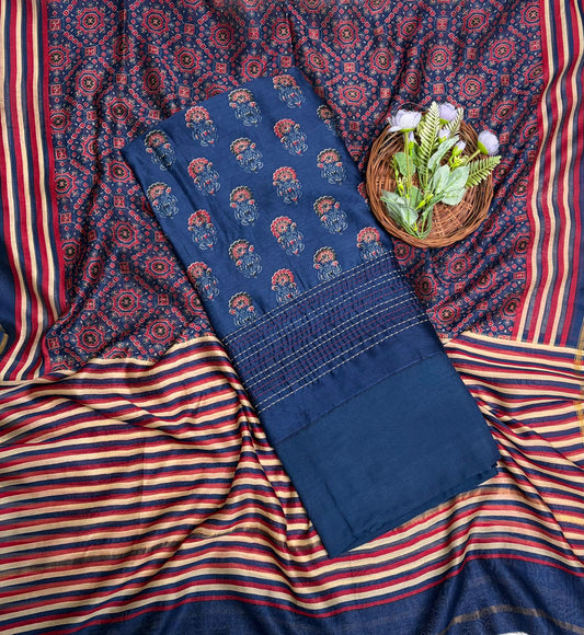 Pure Maheshwari Navy Blue Suit Fabric / Maheshwari Suits