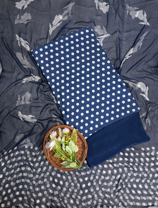 Satin Polka Navy Blue Suit Fabric/ Polka Story