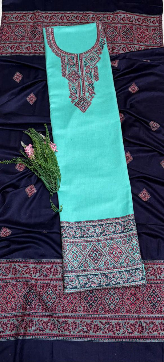 Pashmina Sea Blue With Navy Blue Suit Fabric/ Winter Suits