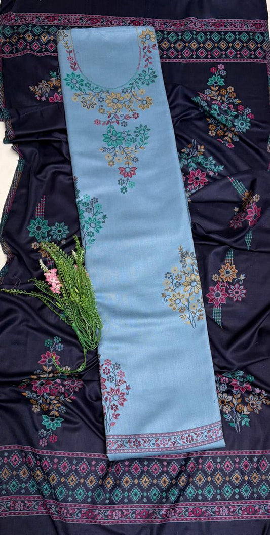 Pashmina Ice Blue With Navy Blue Suit Fabric/ Winter Suits