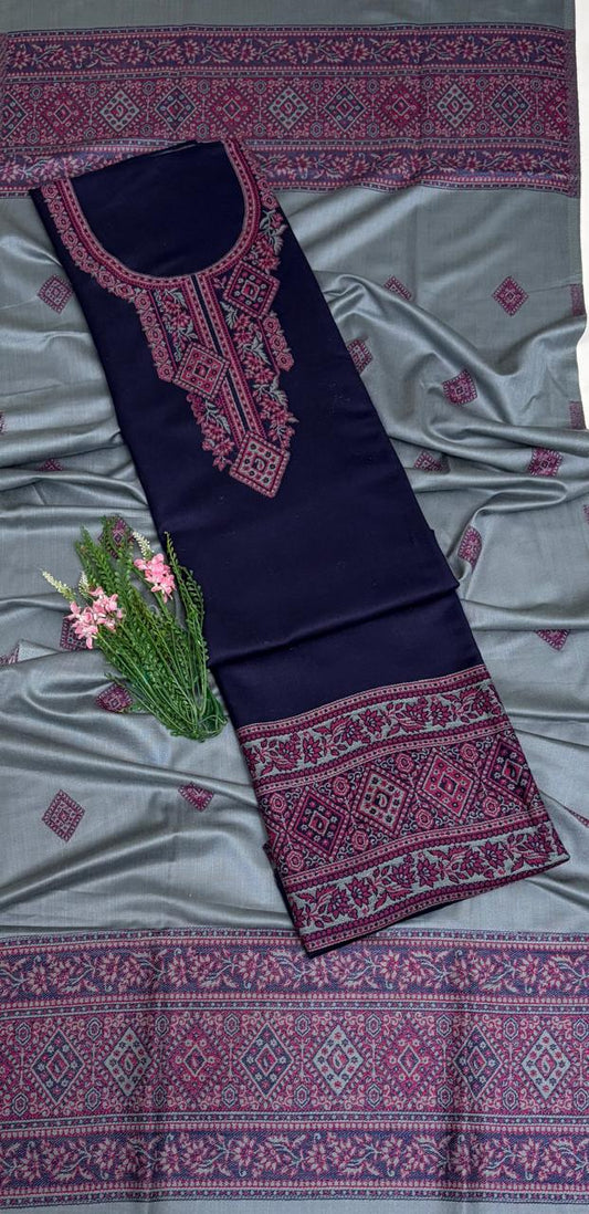 Pashmina Navy Blue With Grey Suit Fabric/ Winter Suits