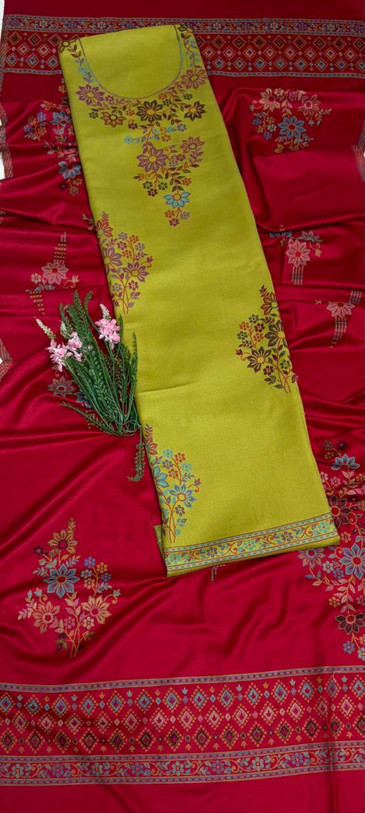 Pashmina Green With Red Suit Fabric/ Winter Suits
