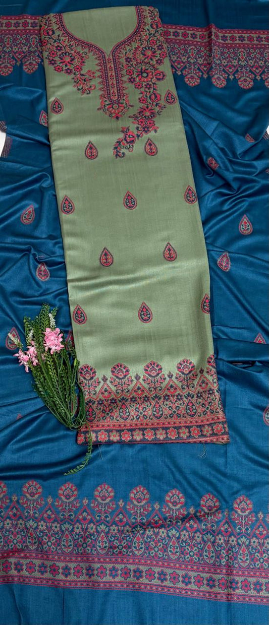 Pashmina Pista Green With Peacock Blue Suit Fabric/ Winter Suits