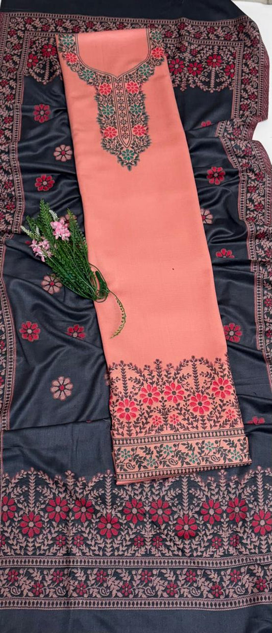Pashmina Peach With Grey Suit Fabric/ Winter Suits