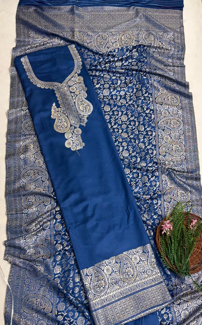Banarasi Pashmina Blue Suit Fabric/ Winter Suits