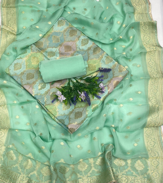 Satin Organza Sea Green Suit Fabric / Banarasi Hut Collection