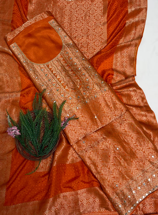 Banarasi Rust Orange Suit Fabric / Karwachauth Collection