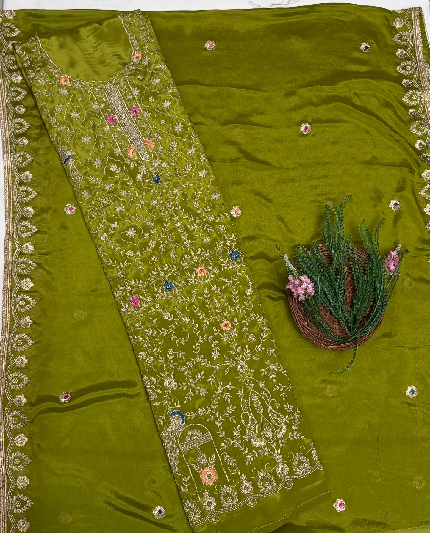 Crepe Mehndi Green Suit Fabric / Karwachauth Collection