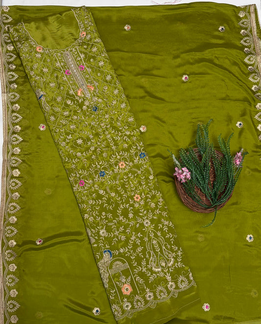 Crepe Mehndi Green Suit Fabric / Karwachauth Collection