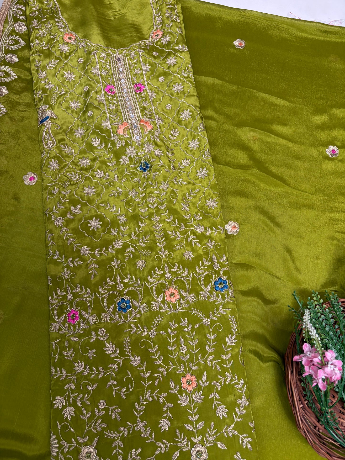 Crepe Mehndi Green Suit Fabric / Karwachauth Collection