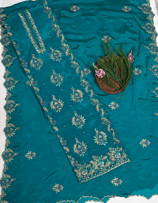 Crepe Sea Green Suit Fabric / Karwachauth Collection