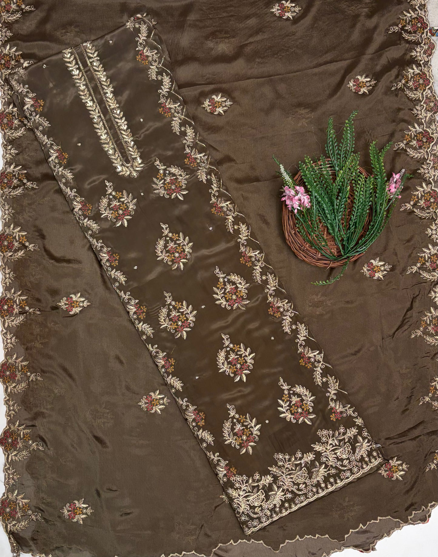 Crepe Brown Suit Fabric / Karwachauth Collection