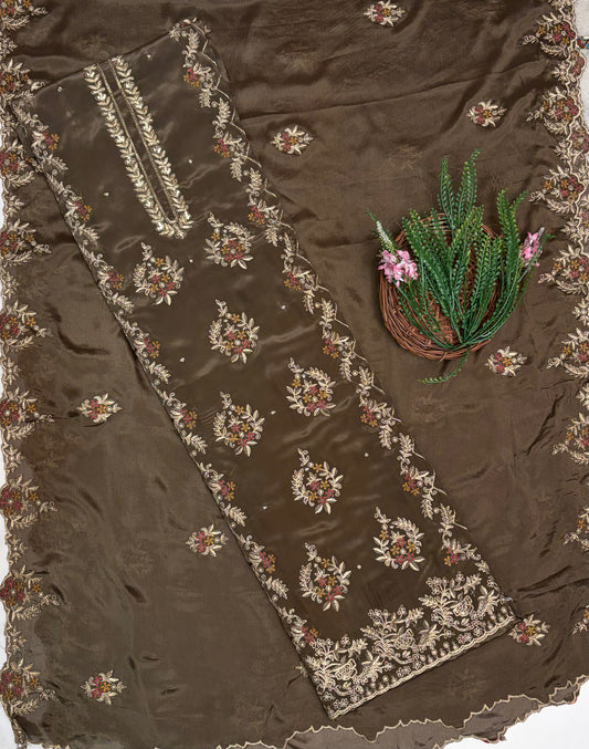 Crepe Brown Suit Fabric / Karwachauth Collection