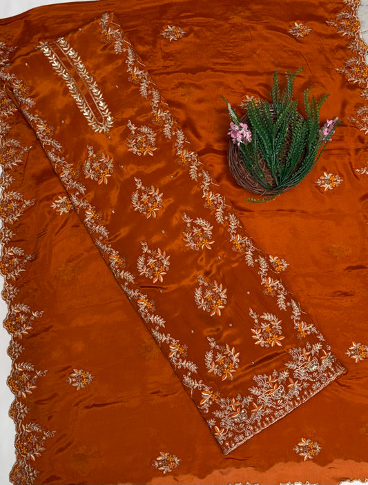 Crepe Rust Orange Suit Fabric / Karwachauth Collection