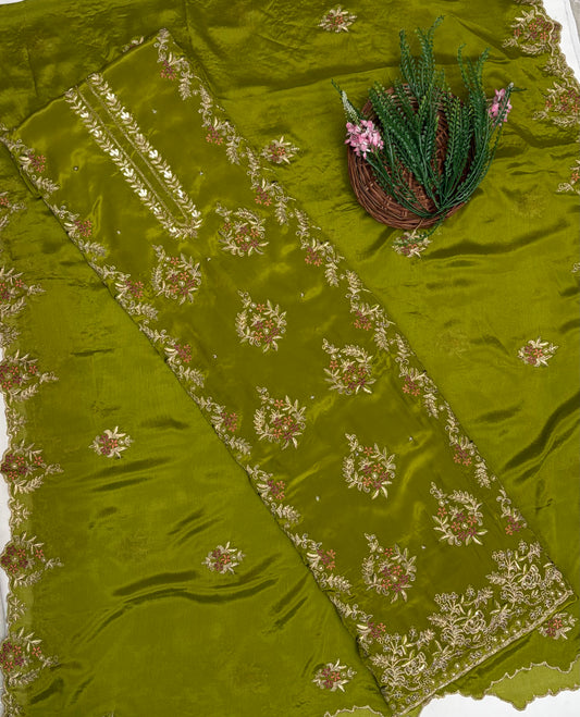 Crepe Mehndi Green Suit Fabric / Karwachauth Collection