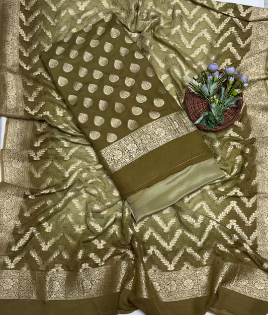 Georgette Banarasi Mehndi Green Suit Fabric / Banarasi Baithak