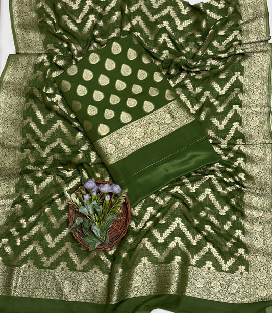 Georgette Banarasi Mehndi Green Suit Fabric / Banarasi Baithak