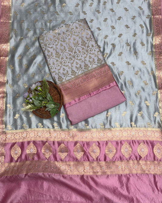 Pure Banarasi Silk Grey With Pink Suit Fabric / Banarasi Baithak